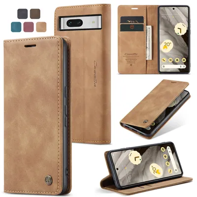A collage of images showcasing a brown leather phone case for a Google Pixel 7a, with different angles and color options displayed.
