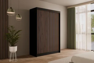 Produktbild von ALTDECOR Kleiderschrank mit Lamel-Schiebetüren, kugelgelagerte Führungsschienen und Aluminium-Leisten - VILANv2 - 150 cm Schwarz + Lamelle Eiche Wotan