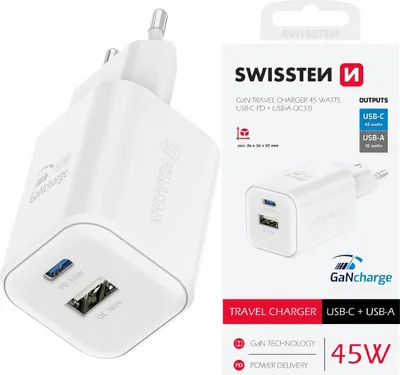 A white Swissten GaN travel charger with two USB ports, shown next to its packaging.