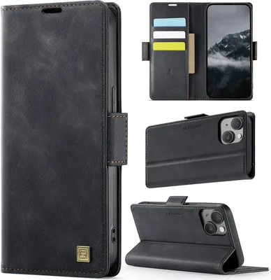 Image de Étui en cuir pour iPhone 15, protection RFID, fermeture magnétique, fentes pour cartes et support Noir