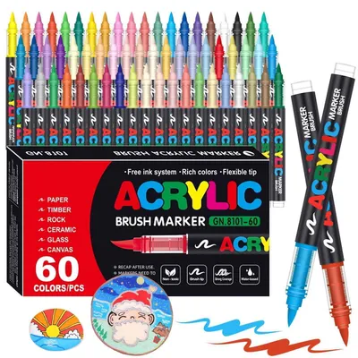 Produktbild von Acrylstifte Set 60 Farben Wasserfest Brush Tip Schnelltrocknend Ungiftig für Steine Glas Keramik Holz Metall