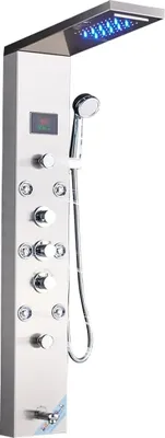 Obrázek produktu pro Linuode černý / kartáčovaný koupelnový LED sprchový panel věžový systém nástěnná směšovací baterie ruční sprcha SPA masážní teplotní obrazovka, 8009 kartáčovaný nikl