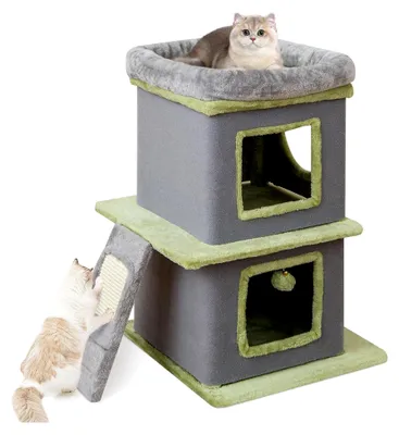 Produktbild von Kratztonne für Katzen, 3-stöckiger Kratzbaum, Katzenhaus mit großer Liegefläche, Kratzbrett, 2 Katzenhöhlen und Ball, Spieltonne mit abnehmbarer Hülle, Katzenbaum