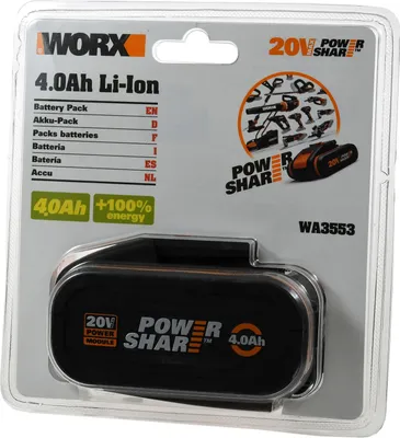 The image shows a Worx 4.0Ah Li-Ion battery pack for 20V PowerShare devices, presented in its retail packaging.