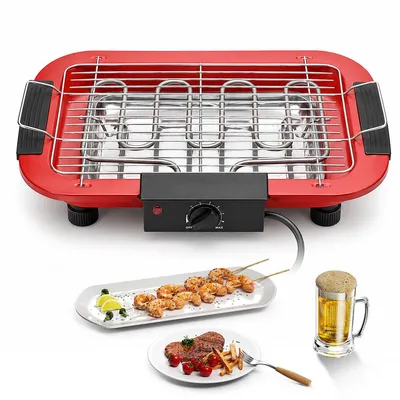Produktbild von Elektrogrill, elektrischer Grill, rauchfreier Antihaft-Innen- und Außengrill, 1800W Doppelheizrohr, tragbarer abnehmbarer Standgrill, klassisches Rot