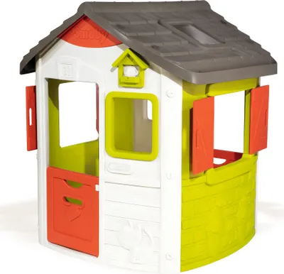 A brightly colored plastic playhouse for children.
