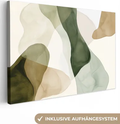 Produktbild von Leinwand Bilder 60x40 cm - Japandi - Abstrakt - Beige - Grün, Bild Modern, Wanddeko, Gemälde