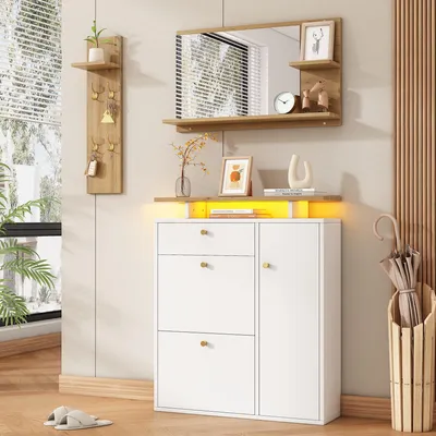 Immagine prodotto di Set guardaroba Merax 3 pezzi, con specchio, cappelliera con 4 ganci appendiabiti, scarpiera con illuminazione a LED, appendiabiti, mobili da ingresso, naturale+bianco