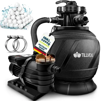 Immagine prodotto di Impianto di filtrazione a sabbia tillvex® per piscina con timer AquaBlack Pro da 13.200 l/h a 40.000 l + 1200 g di sfere filtranti | Impianto di filtrazione con valvola a 7 vie e adattatore 2 in 1 Ø 32-38 mm | Filtro per piscina autoaspirante | Filtro a sabbia per piscina