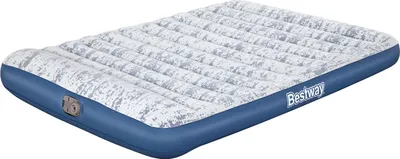 An inflatable mattress with a blue border and a gray and white speckled pattern on top.