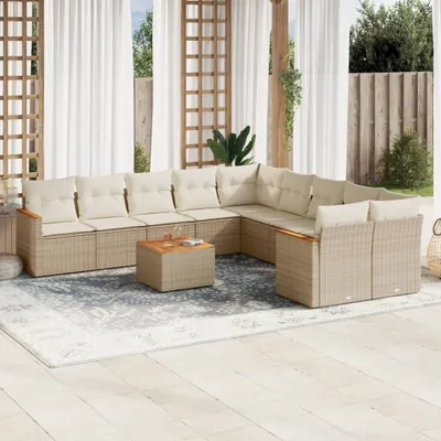 Produktbild von Design 11-tlg. Garten-Sofagarnitur mit Kissen Beige Poly Rattan, Gartenmöbel-Sets 2024 Neu