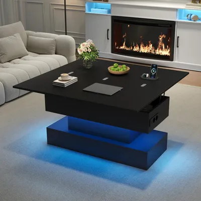 Obrázok produktu pre MODFU Výškovo nastaviteľný konferenčný stolík, čierna farba, 3 v 1, s LED osvetlením RGB a zásuvkou, konferenčný stolík s úložným priestorom, stolík k sedacej súprave, rozmer 100 x 50 x 51,5 cm