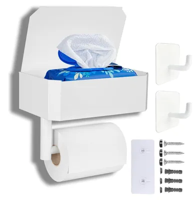 Image de Porte-papier hygiénique, porte-papier hygiénique sans perçage, blanc, compartiment pour lingettes humides
