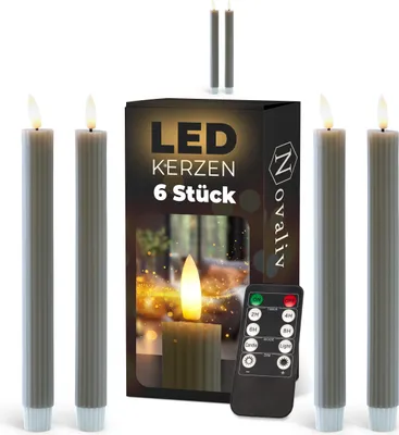 Produktbild von Stabkerzen LED mit Timer TAUPE GRAU 6 Stück Indoor 6 Stunden ECHTWACHS gerippt 23cm Höhe für Kerzen 2,2cm Durchmesser 2 AAA Batterien notwendig LED Stabkerzen 2er Set 2x bewegliche Flamme Licht