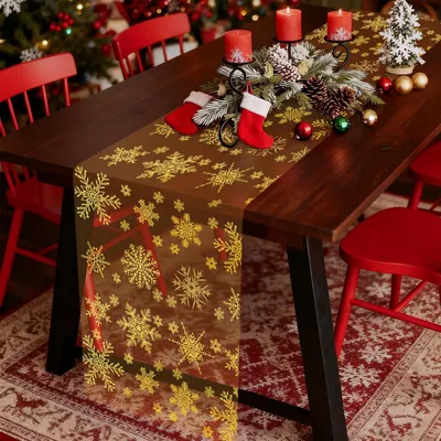 Produktbild von Weihnachtstischdecke mit Schneeflocken, 28 x 920 cm, Gold Organza