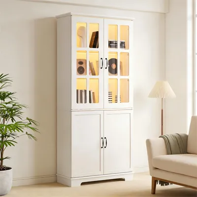 Produktbild von Merax Hochschrank mit LED und Glastüren, Vitrine Landhausstil mit Bücherregal 5 Ebenen, Aufbewahrungsschrank für Küche Wohnzimmer, Weiß