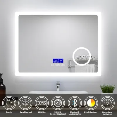 Produktbild von AICA LED Badspiegel mit Bluetooth 80x60cm Uhr Beschlagfrei Badezimmerspiegel 3 Lichtfarbe Dimmbar 3-Fach Vergrößerung Schminkspiegel