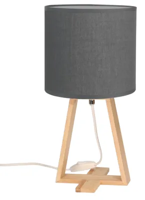 Image de NUTS - Lampe de table de style nordique. Abat-jour en bois naturel et tissu gris. Douille E27
