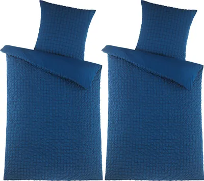 Produktbild von Seersucker Bettwäsche 135x200 cm Mikrofaser Bettbezug Streifen Kariert Struktur Blau 4-teilig