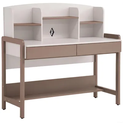 Produktbild von BEAUTYSOFA Moderner Arbeitstisch BOREO Schreibtisch 120 cm mit Aufsatz, 2 Schubladen und Ablage, Metallbeine, Kaschmir/Cappuccino