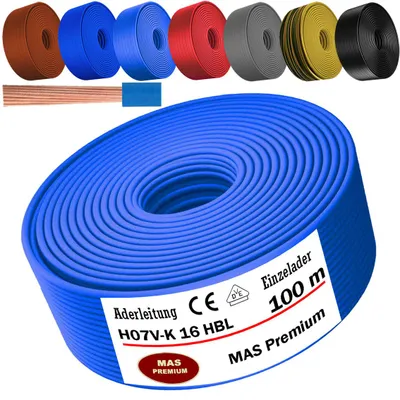 Productafbeelding van 100 meter aderkabel H07 V-K, type HBL, 1x16 mm², lichtblauw, enkeldradig, flexibel