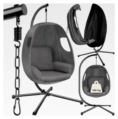 Produktbild von Hängesessel mit Gestell, für Innen- und Außenbereich, Schaukelstuhl mit Kissen und Rückenkissen, Möbel für Wohnzimmer, Schlafzimmer und Balkon, bis 160 kg (anthrazit)