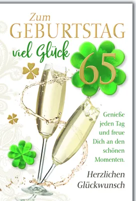 Produktbild von 65. Geburtstag Glückwunschkarte mit Briefumschlag Sekt und Kleeblatt