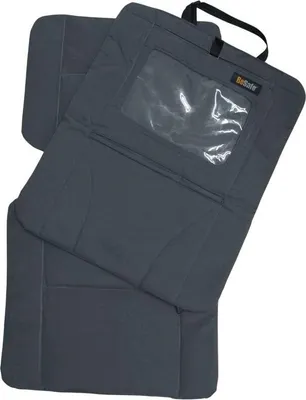 A gray car seat protector with a clear tablet holder and a black strap.