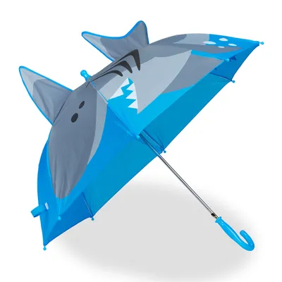 Produktbild von Relaxdays Regenschirm Kinder, 3D Motiv Hai, Kinderregenschirm Junge & Mädchen, Ø 78 cm, kleiner Stockschirm, blau/grau