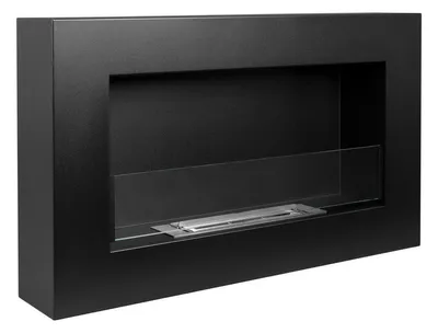 A black wall-mounted bioethanol fireplace with a glass screen.