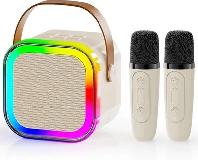 Zdjęcie produktu dla Urządzenie do karaoke dla dzieci z głośnikiem Bluetooth, 2 mikrofonami bezprzewodowymi, przenośny zestaw dla dziewczynek w wieku 4–12 lat, prezent dla rodziny