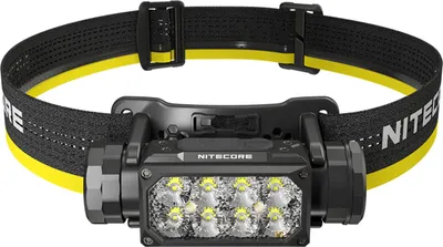 A black Nitecore headlamp with a yellow and black strap is shown against a white background.