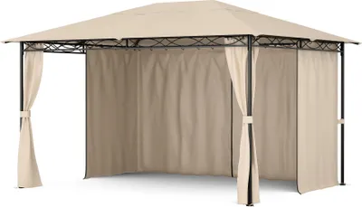 Zdjęcie produktu dla Blumfeldt Mondo Pavillon 3x4 – stalowa rama, z zasłonami, odporne na warunki atmosferyczne zadaszenie, pawilon ogrodowy, nierdzewny, łatwy montaż, beżowy