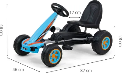 A blue and orange pedal go-kart is shown from a side-angle on a white background with dimensions indicated by lines and text.