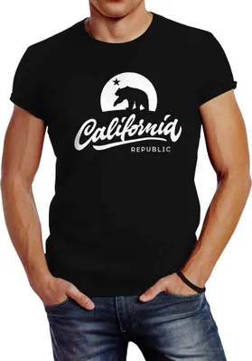 Produktbild von Herren T-Shirt California Republic Bear Kalifornien Bär Sommer Slim Fit Neverless® schwarz L