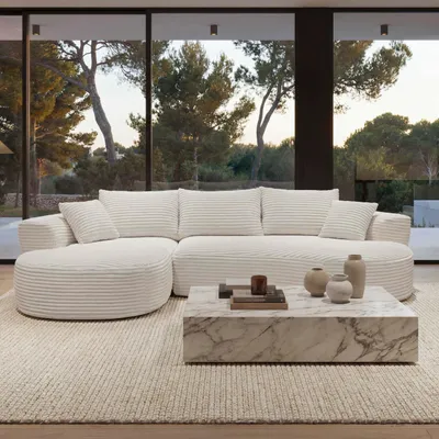 Produktbild von Sofa-Garnitur HWC-P19, 3-Sitzer Couch Loungesofa, Stoff/Textil Cord (370 g/m²) Liegefläche links weiß