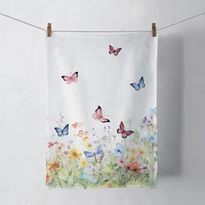 Obrázok produktu pre Kuchynská utierka z bavlny 50 x 70 cm s motívom motýľov a kvetov, biela