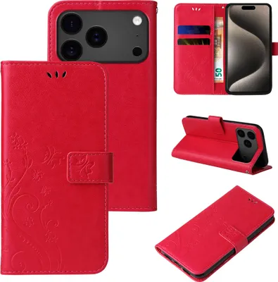 Produktbild von Handyhülle für Apple iPhone 17 Pro Floral Blumen Schmetterling Flip Cover Hülle Case Klapphülle Handytasche Farbe: Rot