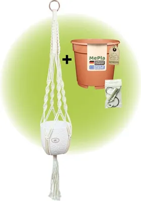 Produktbild von MePla - Set - Ampel Makramee Naturbeige - Boston ø14 Weiss + Kulturtopf ø13 + Beipack-Set 21550-001