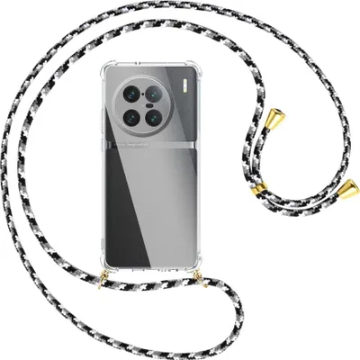 Produktbild von Handykette Backcover-Schutzhülle mit Band (Metall goldfarben) für vivo X90 Pro Plus (V2227A, 6.78'') - schwarz/grau/weiß