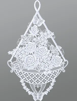 Produktbild von Fensterbild aus Plauener Spitze - Rosenkorb mit Schmetterlingen  (Bx H) 21cm * 35cm Weiß Fensterdekoration Fensterschmuck