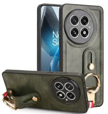 Productafbeelding van Beschermhoes van kunstleer en TPU voor de OnePlus 13, met polsband en ringhouder, in de kleur groen