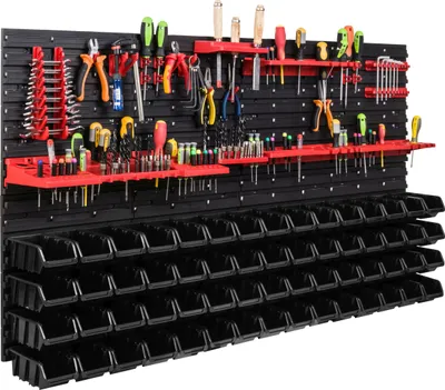 Image de Système de rangement Étagère d'atelier | 156 x 78 cm | 60 pièces Boîte | Étagère murale avec supports pour outils et boîtes empilables - Panneaux muraux Étagère à bacs extra-robuste Panneau perforé pour outils Étagère de rangement Étagère de garage