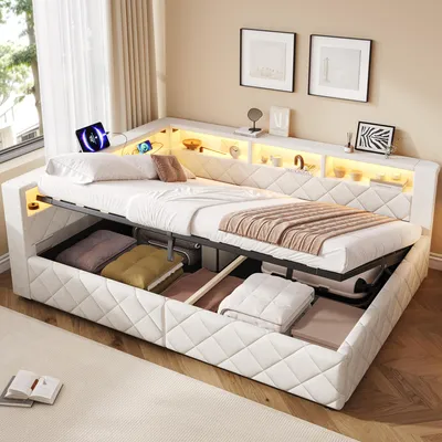 Immagine prodotto di Divano letto Flieks 140x200 cm con porta USB e rivestimento in ecopelle, letto imbottito matrimoniale con spazio contenitore, divano letto da giorno con sistema a sollevamento idraulico e vani a giorno, colore: lino, beige