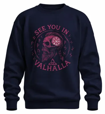Obrázok produktu pre Viking Skull Vegvisir Runes Three Knots See you in Valhalla Uni mikina, námornícka, XL
