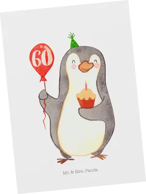 Produktbild von Mr. & Mrs. Panda Postkarte 60. Geburtstag Pinguin Luftballon - Weiß - Geschenk, Muffin, Postkarten, einzelkarte, Happy Birthday, Kuchen, Grußkarte, Ansichtskarte