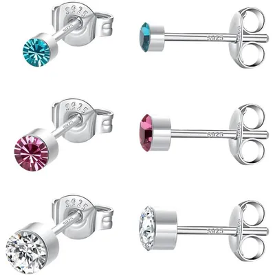 Productafbeelding van Oorbellen set, 3 paar, 925 sterling zilver, hypoallergeen, met zirkonia in rood, blauw en wit, verkrijgbaar in de maten 3/4/5 mm