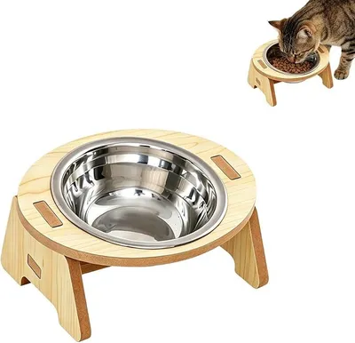 Produktbild von PolkaHome® Erhöhter Napf für Hunde und Katzen, 14 cm Edelstahlschale mit Holzständer, ergonomischer Futternapf für kleine Hunde und