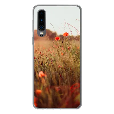 Produktbild von MuchoWow® Handyhülle Schutzhülle Hülle für Huawei P30 Sonnenuntergang - Blumen - Rot Silikon Softcase Handy Hülle - Kartenbesitzer