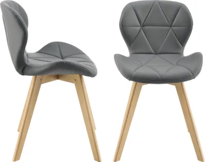 Two gray chairs with wooden legs are shown from different angles against a white background.
